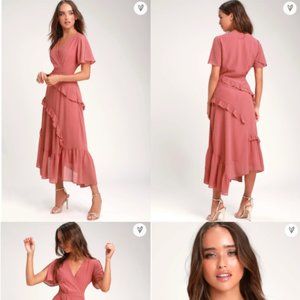 Lulu's - M - Next to You Rusty Rose Swiss Dot Ruffled Midi Dress